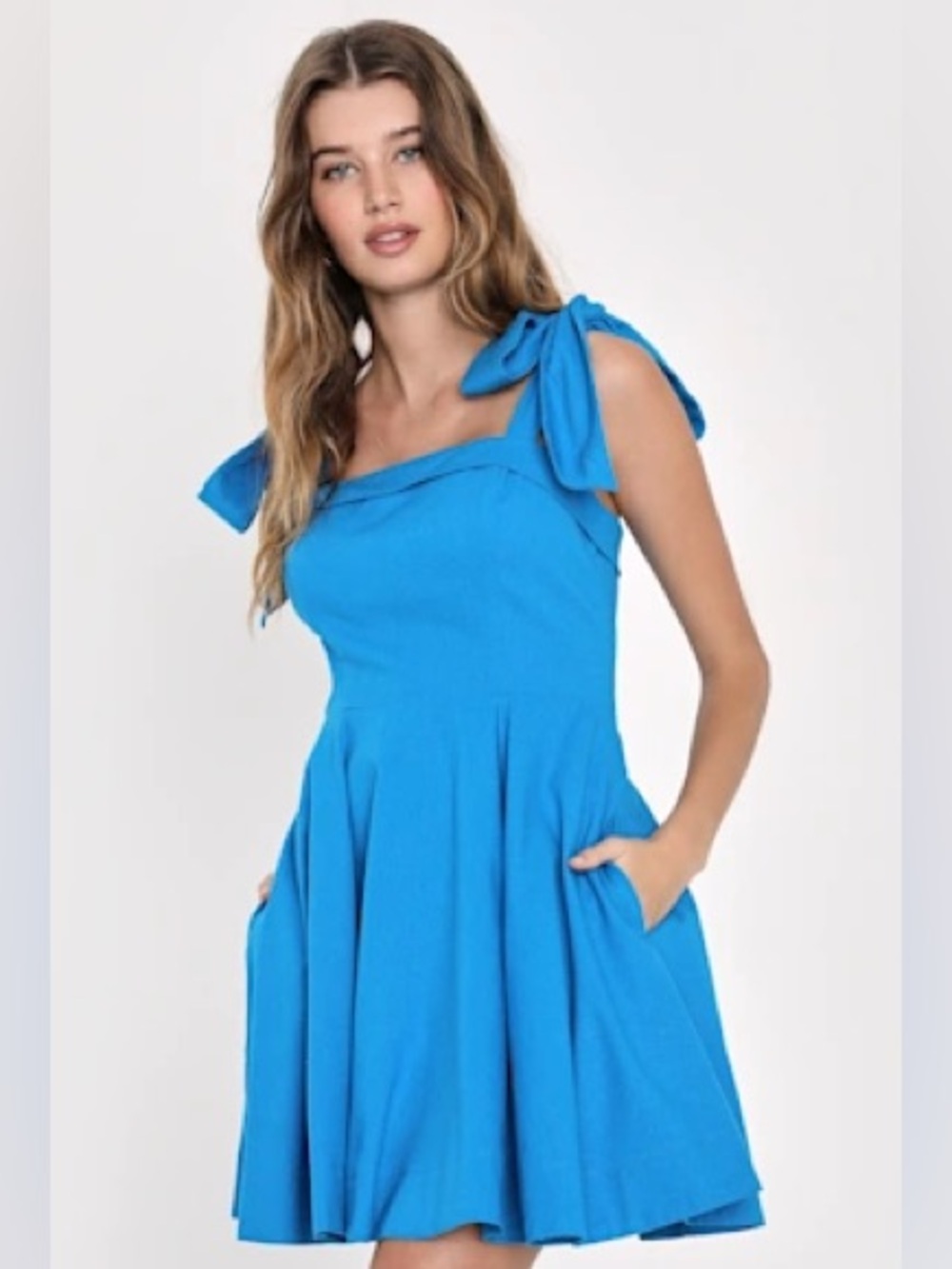 Lulu's Bright Blue Linen Tie-Shoulder Fit-and-Flare Mini Dress